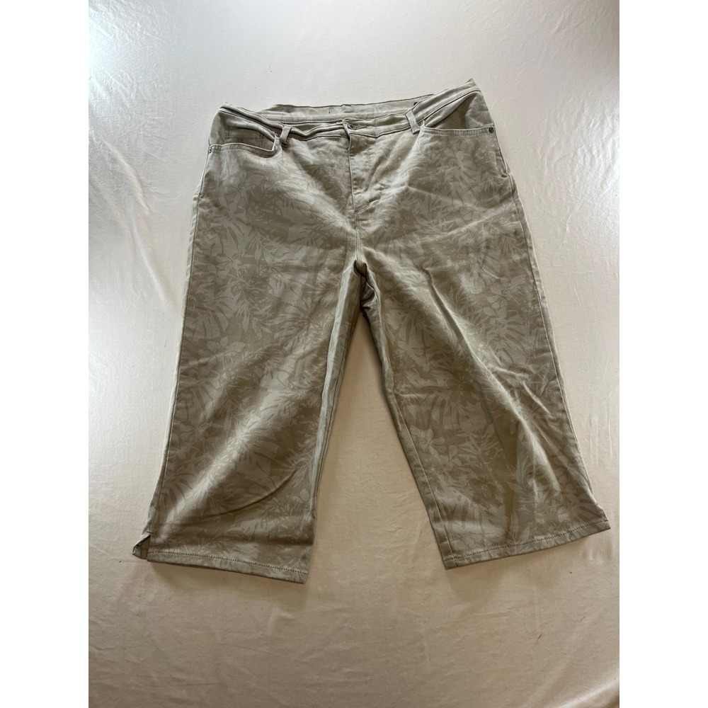 Gloria‎ Vanderbilt Amanda Capri Pants 16 Khaki Tan Tropical Leaf Floral Stretch